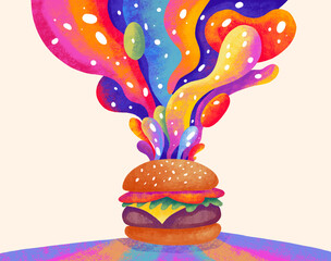 Creative burger illustration with vibrant colors and abstract effects