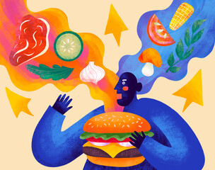 Eating a delicious burger surrounded by vibrant food imagery