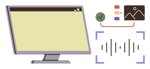Desktop monitor, soundwave, image, checklist, and file elements highlight digital media workflows. Ideal for content management, data visualization, digital tools, media production technology