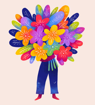 Joyful person carrying a vibrant bouquet of colorful flowers