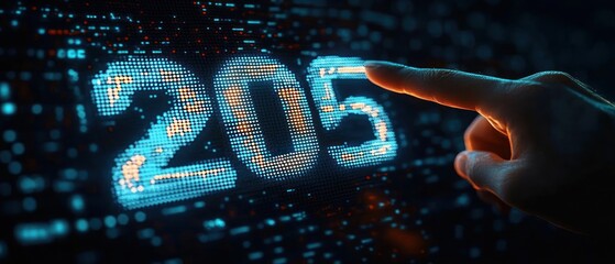 Human finger pointing at glowing digital number two hundred five displayed on futuristic blue and orange pixelated screen