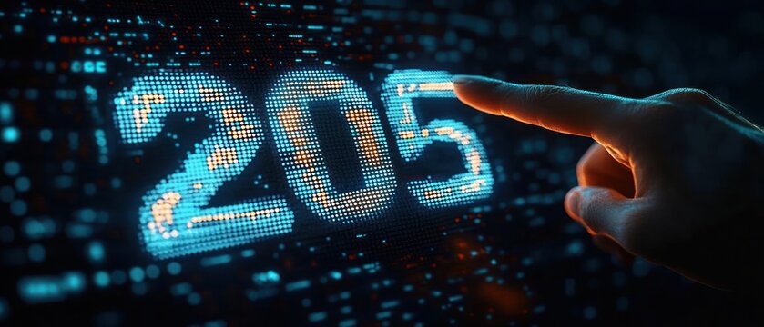 Human finger pointing at glowing digital number two hundred five displayed on futuristic blue and orange pixelated screen
