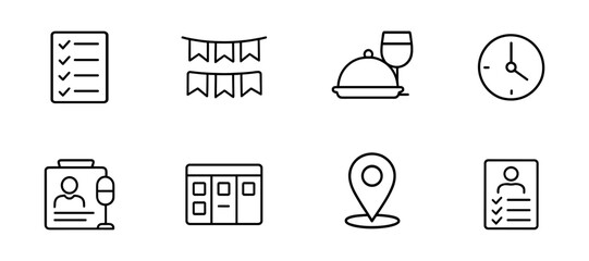 Event planning line icon set. checklist, clock, badge, location, more in linear style