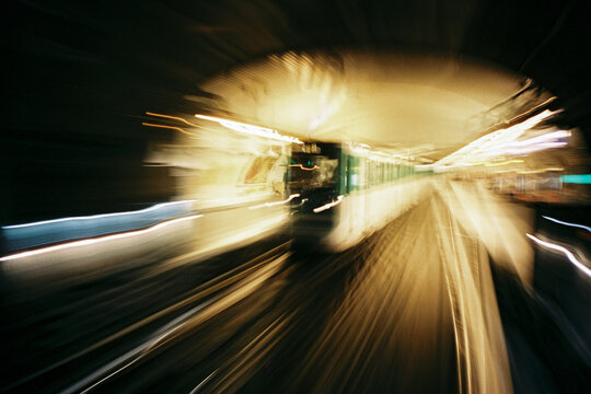 Subway Train in Motion arrival in station driver point of view
