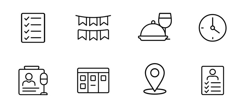 Event planning line icon set. checklist, clock, badge, location, more in linear style