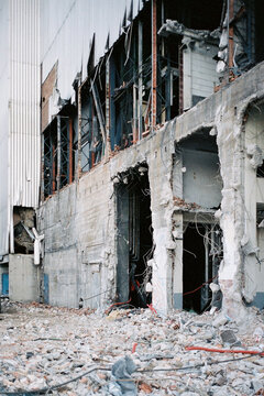 Demolished Building with Exposed Structures and Debris