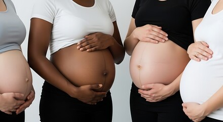 A diverse group of pregnant women gently cradling their bellies, a symbol of life's journey. 