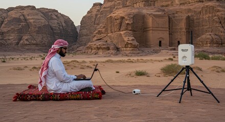Nomad works remotely in stunning desert landscape, using portable internet device and laptop.