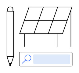 Solar panel for renewable energy, pen symbolizing creativity, search bar for exploration. Ideal for sustainability, clean energy, tech solutions, environment, research, innovation simple landing