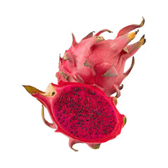 Whole and sliced red fleshed dragon fruit Isolated on transparent background