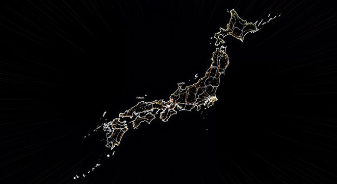 Night Lights Illuminate Japan's Island Chain, a Stunning Aerial View Showing Major Cities and Road Networks. - Powered by Adobe