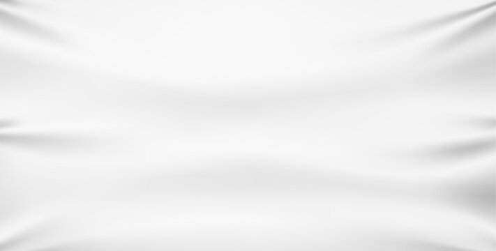 Realistic texture of textile. White fabric banner mockup. Stretched rectangular cloth. Canvas material with fold texture. Presentation drape creases. Vector empty billboard background