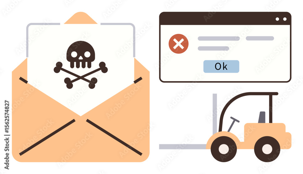 Aufkleber open envelope with skull and crossbones, error message on a screen, and forklift with a blank pallet