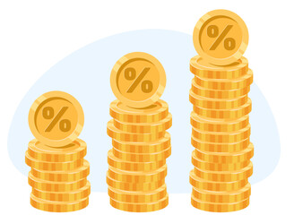 Interest rate increase due to inflation. Money percent increase. Banking investment profit. Gold coins stack. Debt percentage. Economy recession chart. Financial stock cost. Vector concept