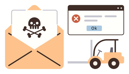 Open envelope with skull and crossbones, error message on a screen, and forklift with a blank pallet. Ideal for cybersecurity, delivery failure, digital threats, system error, logistic risks, online