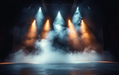 Empty dark stage illuminated by blue and orange spotlights shining through thick fog, creating a mysterious and dramatic atmosphere
