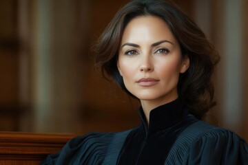 Confident woman with serious expression wearing a black formal robe in softly lit indoor setting