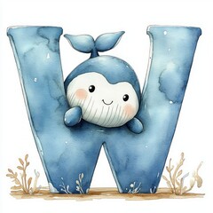 Cute smiling blue whale character peeking through a large blue letter W surrounded by simple aquatic plants