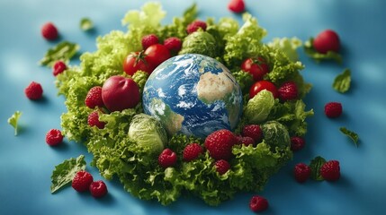 A realistic globe of Earth surrounded by fresh green lettuce, Brussels sprouts, red raspberries, and cherry tomatoes on a blue background, symbolizing natural abundance and environmental care