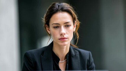 In a striking contrast of formal attire against a contemporary office backdrop a professional woman gazes intently at her laptop screen while participating in an online meeting. Her