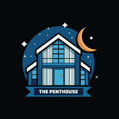 Modern Penthouse Logo with Moon and Stars – Elegant Luxury Real Estate Icon for Nighttime Living, Architecture, Building, and Branding