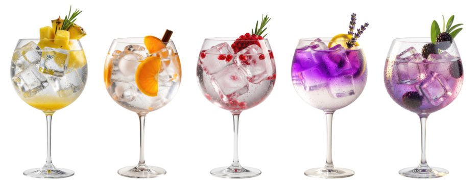 assorted gourmet gin and tonic cocktails: pineapple, mandarin, pomegranate, lavender, blackberry