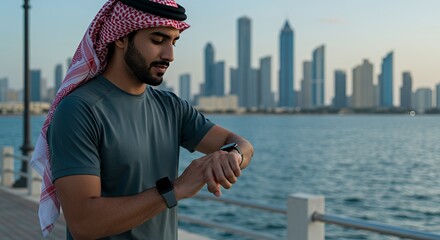 Young man in traditional Middle Eastern attire checks his smartwatch by the waterfront, enjoying a tranquil city skyline view.