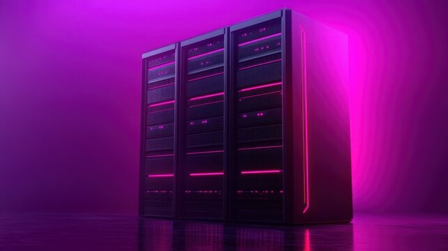 Three tall black server racks illuminated with glowing pink and purple LED lights in a dark modern data center environment