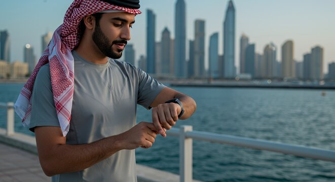 Young man in traditional Middle Eastern attire checks his smartwatch while enjoying a waterfront city view.