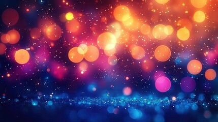 Colorful glowing bokeh lights against a dark background with sparkling particles creating a festive and magical atmosphere