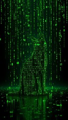 A cat silhouette is filled with glowing green matrix code