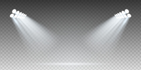 Realistic concert spotlight scene with bright LED floodlights over stadium stage. Transparent vector background. Night sport arena or presentation podium with mist, sparkle and dramatic illumination. © Azat Valeev