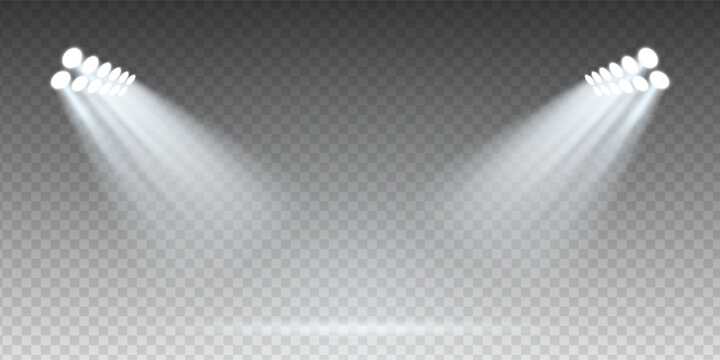 Realistic concert spotlight scene with bright LED floodlights over stadium stage. Transparent vector background. Night sport arena or presentation podium with mist, sparkle and dramatic illumination.