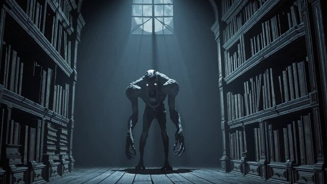 Cr&eacute;ature monstrueuse accroupie dans une biblioth&egrave;que abandonn&eacute;e