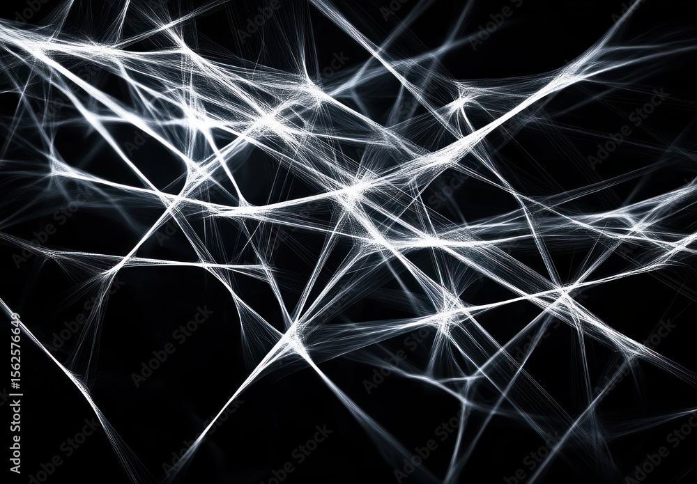 Poster intricate network of fine white fibers forming a complex web-like structure against a black backgrou
