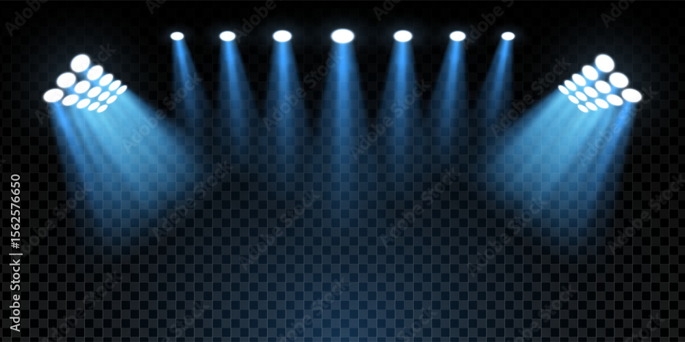 Poster 3d stadium scene with illuminated football pitch, bright led spotlights and neon glow. night event a