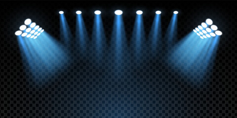 3D stadium scene with illuminated football pitch, bright LED spotlights and neon glow. Night event atmosphere with floodlights, beams and empty stage. Realistic vector background with luxury sparkle. © Azat Valeev