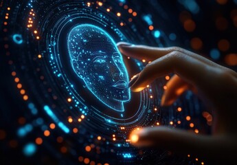 Human hand reaching towards a glowing digital hologram of a human face surrounded by blue and orange futuristic circuit patterns