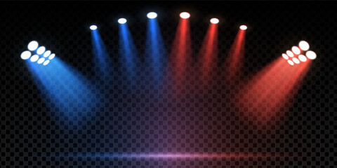 Red and blue stadium spotlight beams shine on empty stage. Vector concert or sport scene with floodlights and dark background. Abstract arena, runway or boxing ring reveal with dramatic effect.