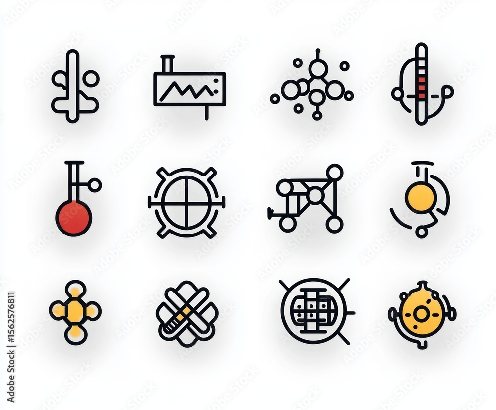 Poster set of twelve colorful and minimalistic science and technology related icons including dna, graphs, 
