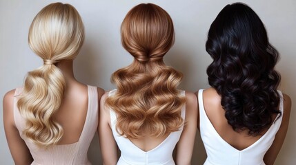 Three women with long, voluminous wavy hair in blonde, light brown, and black colors, wearing sleeveless tops showing their backs against a plain background