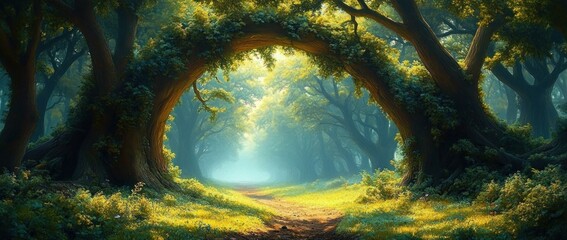 Sunlit forest pathway surrounded by large ancient trees with a natural archway covered in green foliage, creating a magical and serene atmosphere