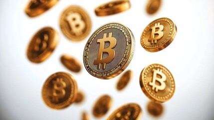 Multiple golden coins featuring a prominent currency symbol floating dynamically against a bright gradient background, evoking a sense of digital finance and wealth