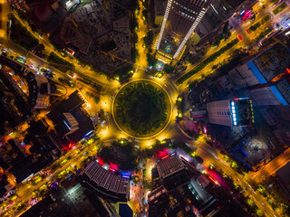 Aerial photography of the traffic roundabout at Huigong Square in Shenyang, Liaoning, China at night
