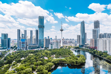 High angle view of Color TV Tower and Youth Park in Shenyang, Liaoning Province, China