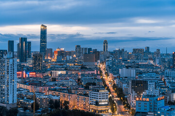 High angle view of Shenyang Plaza 66 night scene city skyline in Liaoning, China