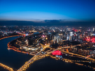 Aerial night view of Olympic Sports Center skyline in Hunnan District, Shenyang, Liaoning, China