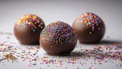 Fototapeta premium Three round chocolate balls covered with colorful small candy sprinkles arranged on a white surface with scattered sprinkles around them