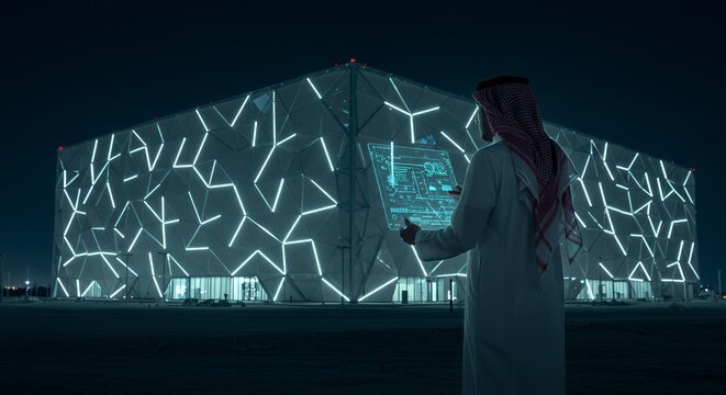 Futuristic Architect Reviews Illuminated Building Design at Night