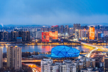 High angle view of Hunnan skyline of Shengjing Theater in Shenyang, Liaoning, China at night